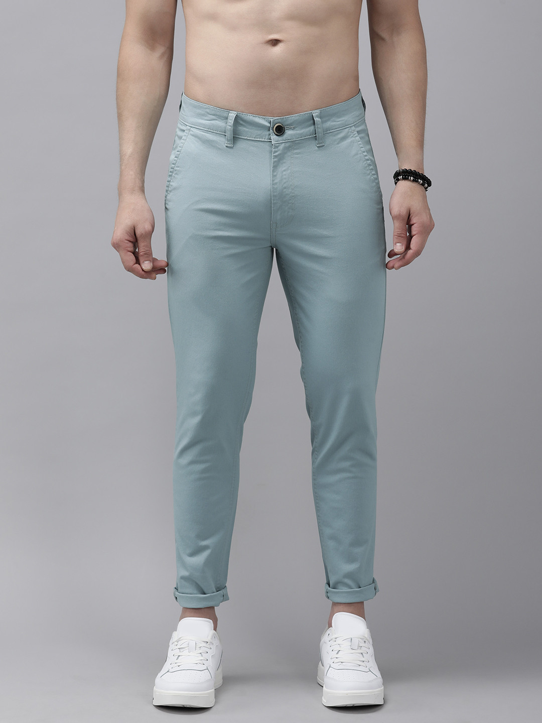 Buy The Roadster Lifestyle Co Men Blue Solid Slim Tapered Fit Trousers ...