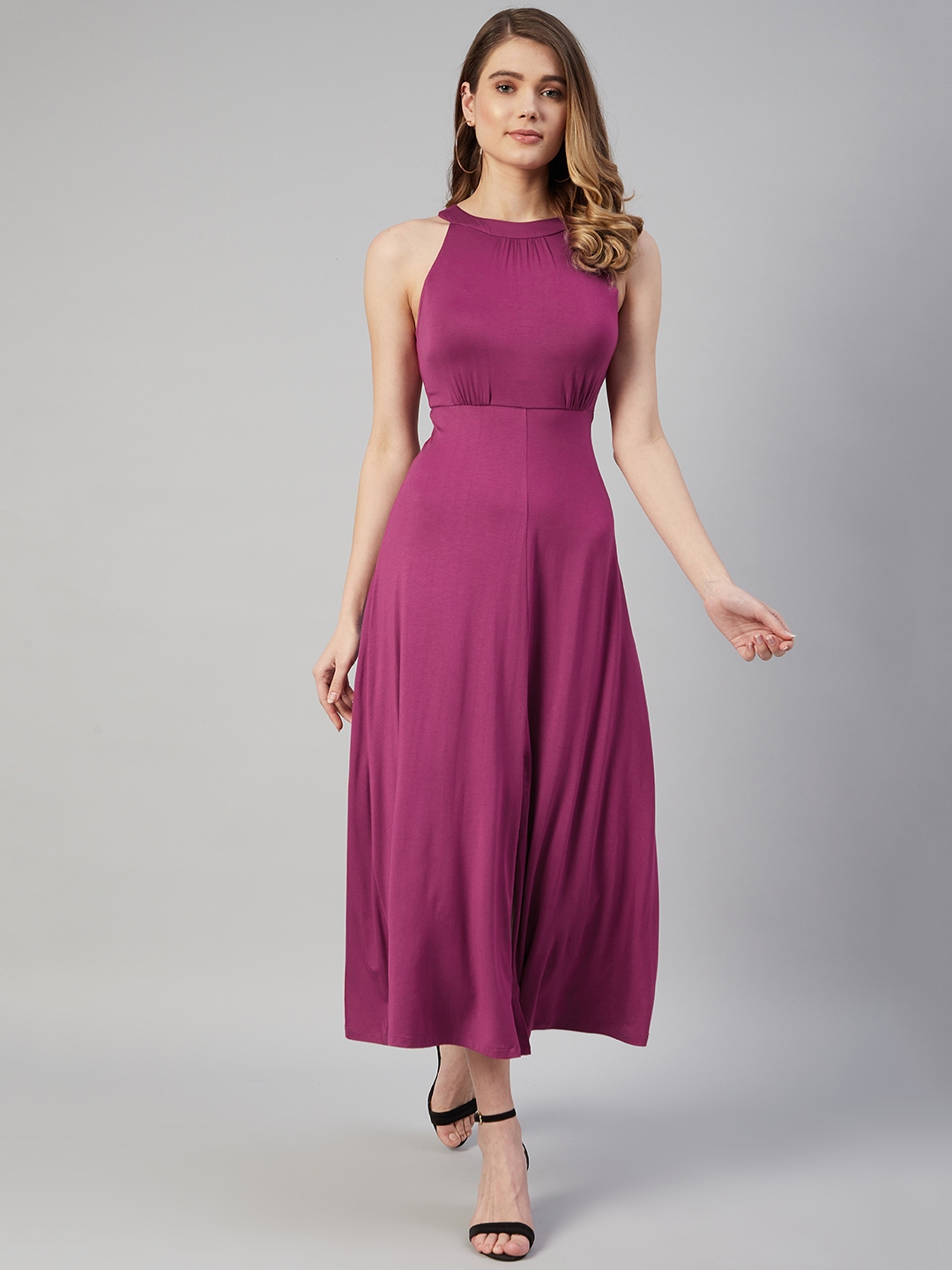 Buy Marks & Spencer Purple Solid Halter Neck Maxi Dress - Dresses for ...