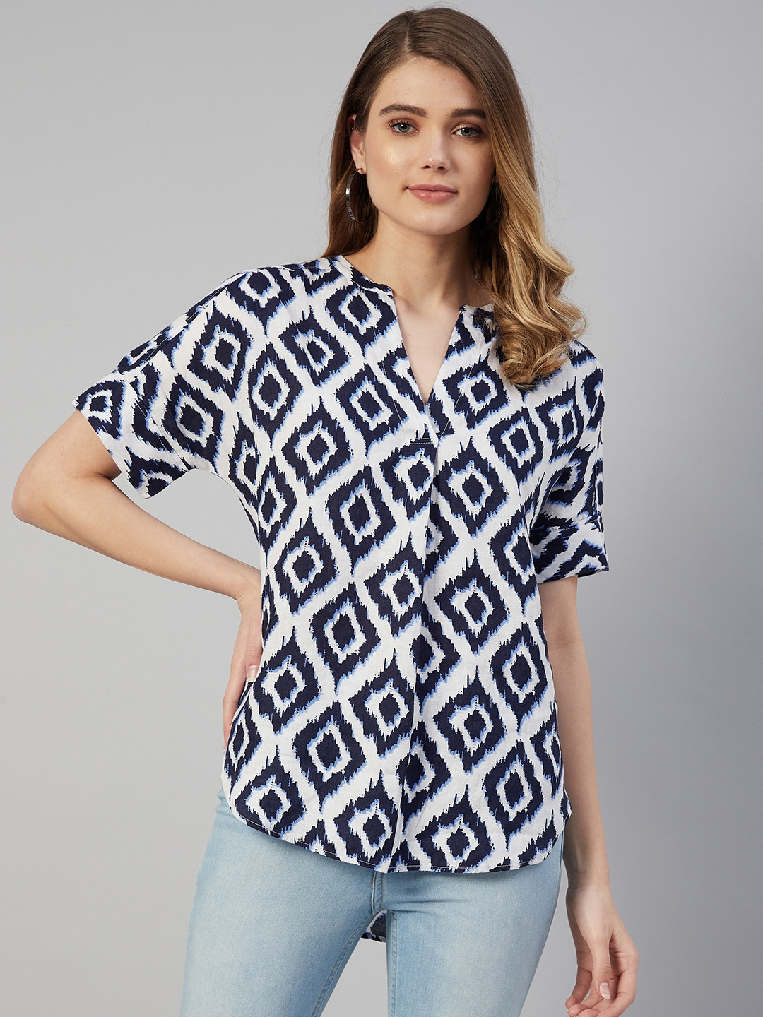 Buy Marks & Spencer Women Navy Blue & White Pure Linen Geometric Print
