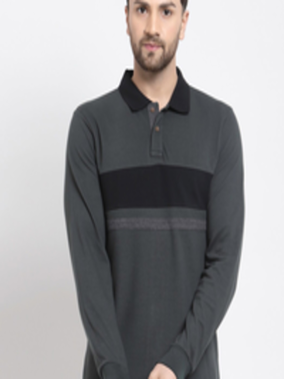 Buy Kalt Men Charcoal Grey & Black Striped Polo Collar T Shirt ...