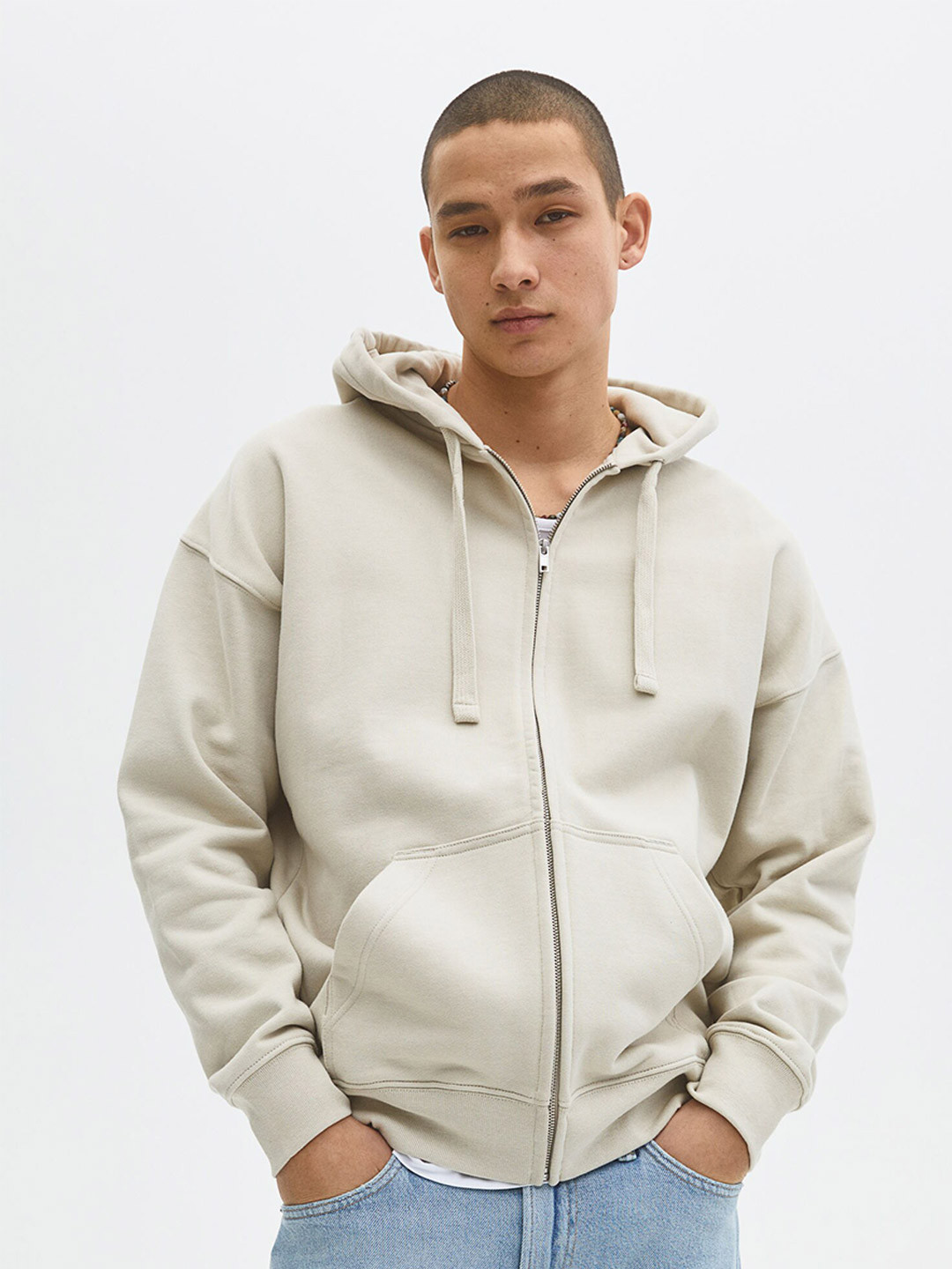 Buy H&M Men Beige Oversized Fit Cotton Zip Through Hoodie Sweatshirts