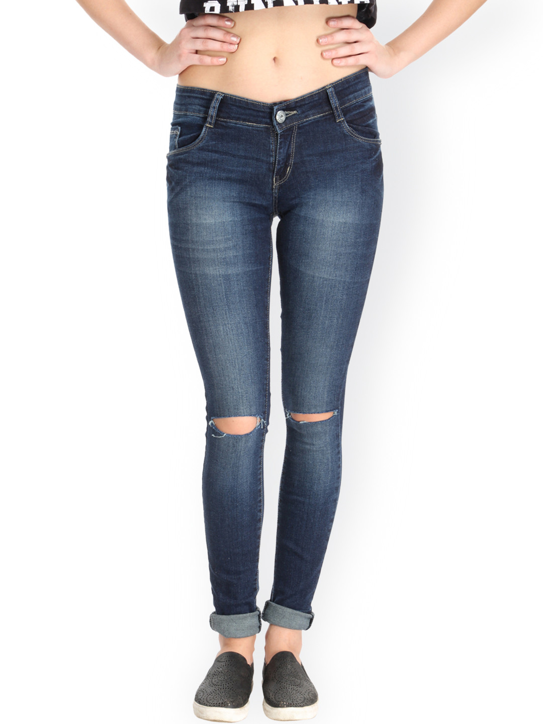 Buy Fungus Women Blue Slim Fit Low Rise Slash Knee Jeans Jeans for