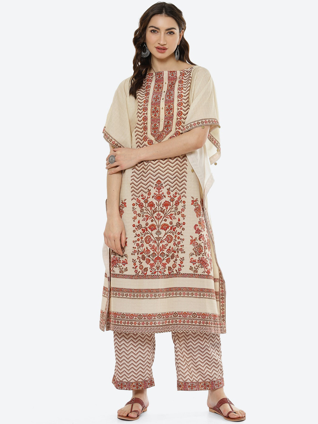 Buy Biba Women Beige Ethnic Motifs Printed Kaftan Kurta Set Kurta