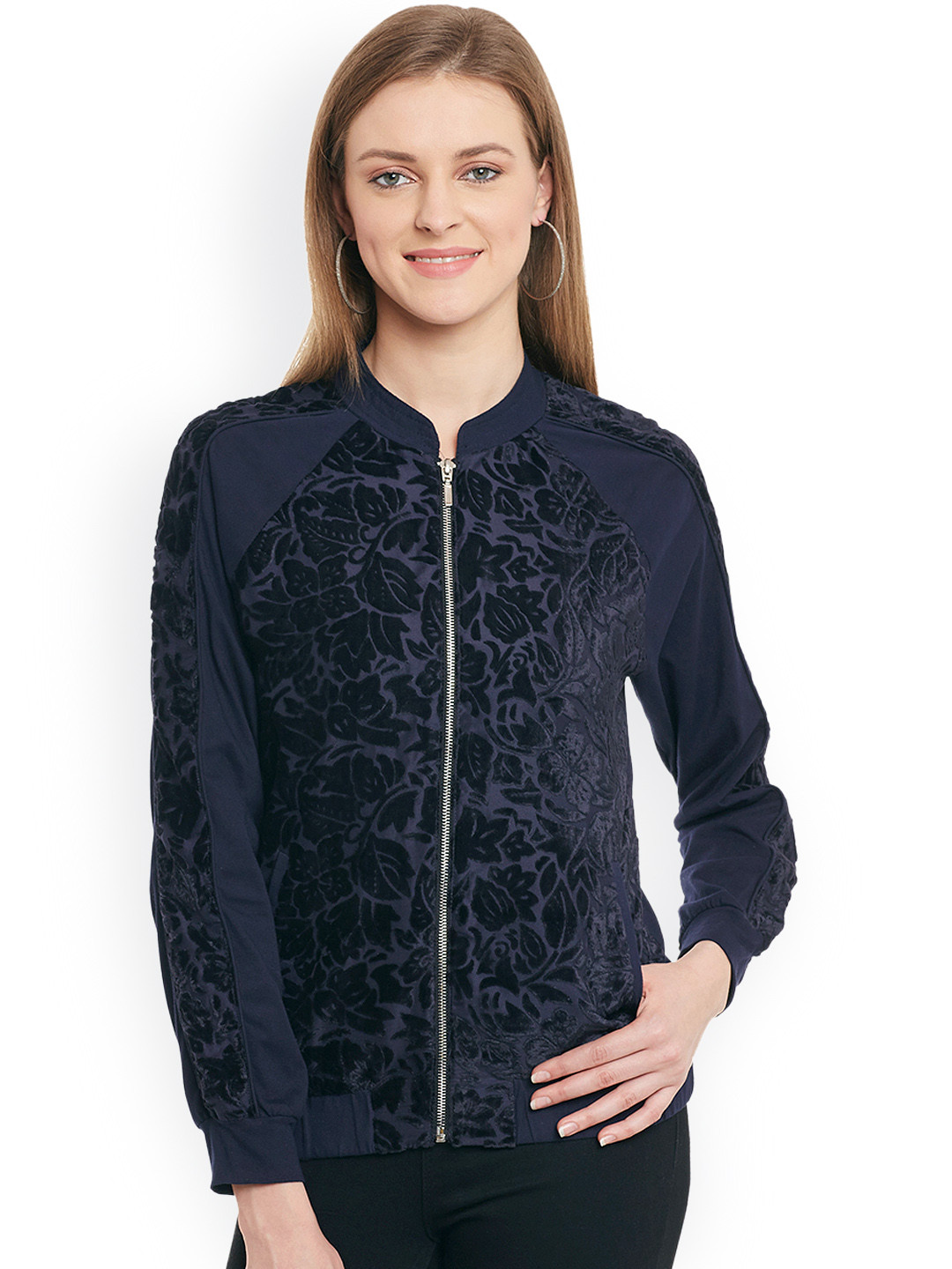Buy Blue Sequin Navy Floral Patterned Bomber Jacket Jackets for Women