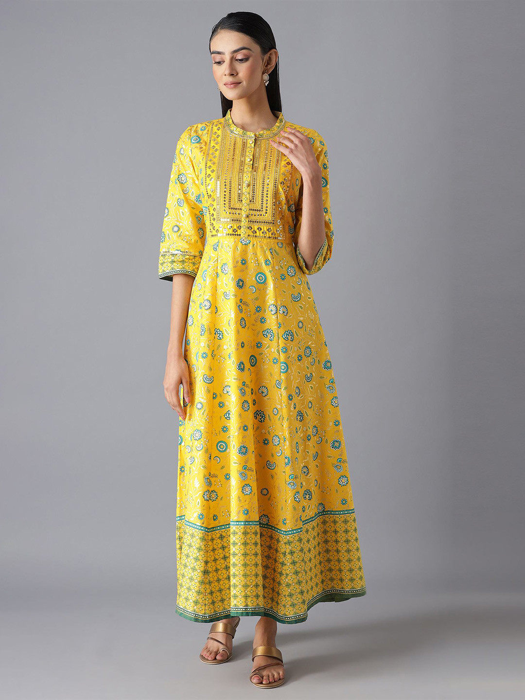 Women Yellow & Green Tribal Printed Two-Piece Dress main image 0