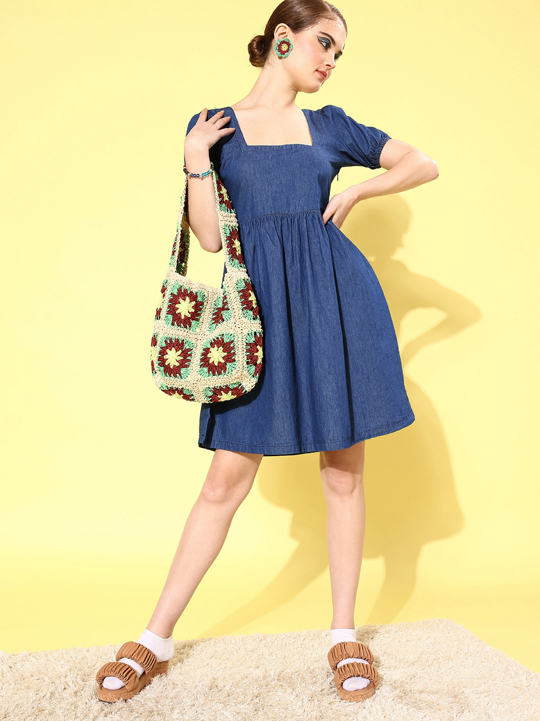 Buy 4WRD By Dressberry Women Blue Solid Denim Puff Sleeves Pure Cotton