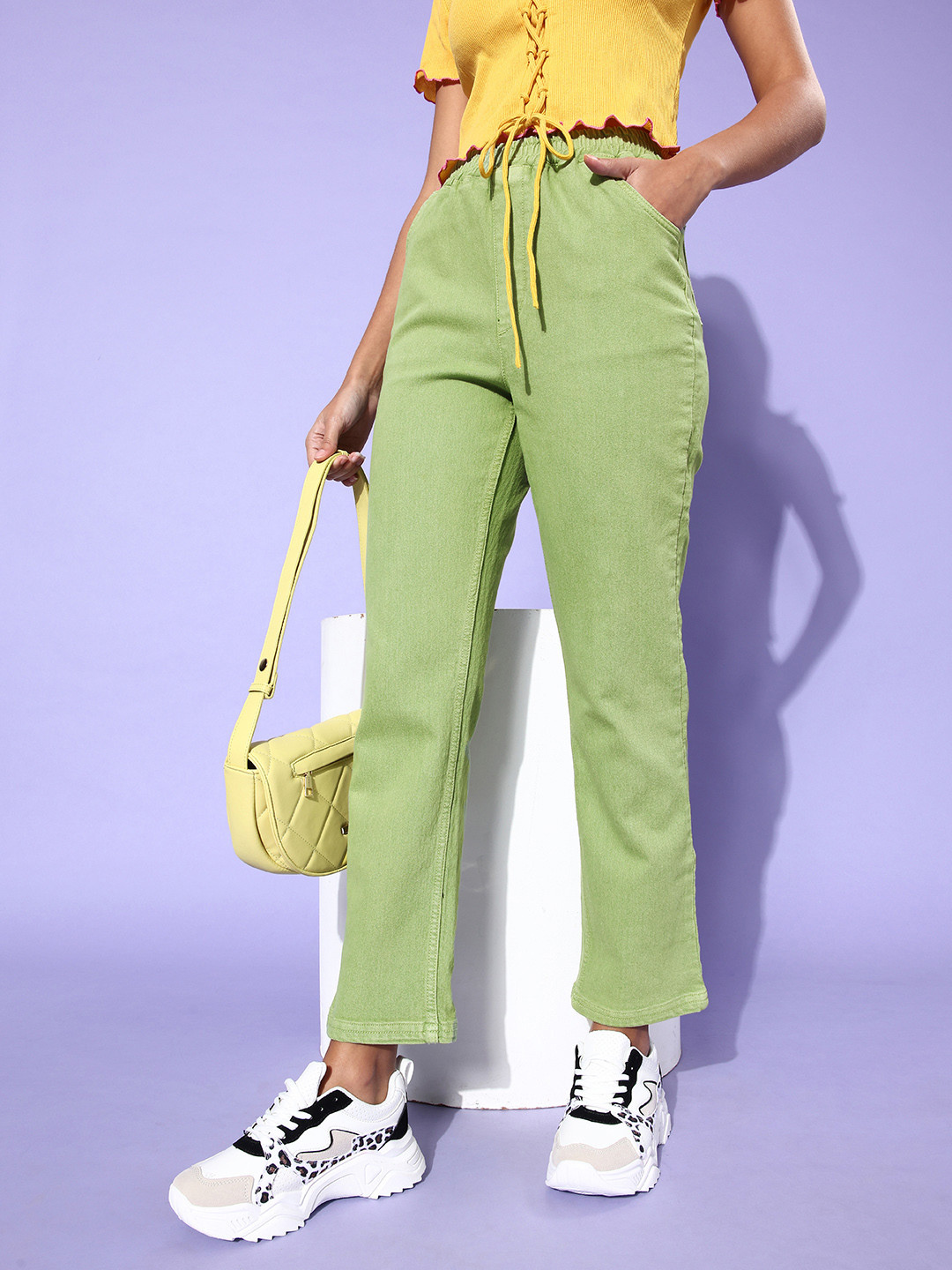 Buy DressBerry Women Striking Green High Rise Flared Stretchable Jeans