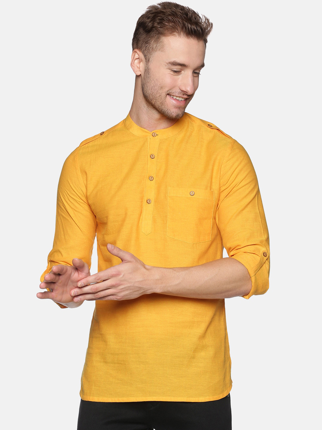 Buy Saffron Threads Men Mustard Yellow Solid Pure Cotton Kurta Kurtas