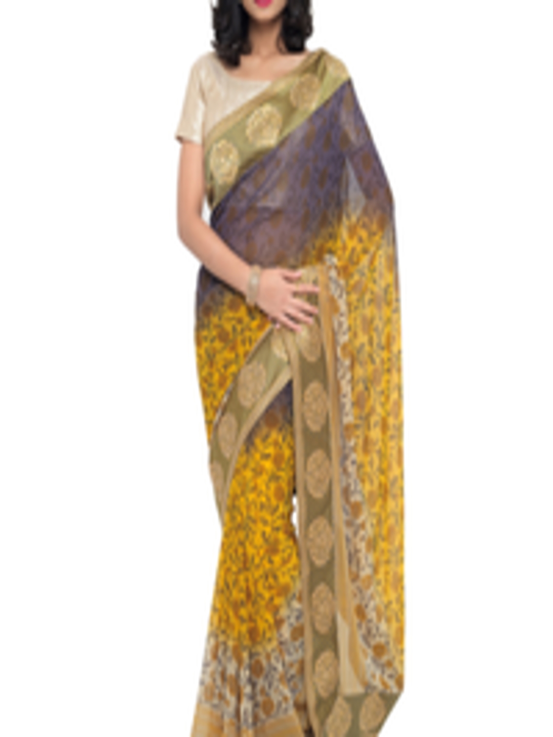 Buy Vishal Prints Yellow & Grey Georgette Floral Print Saree - Sarees ...