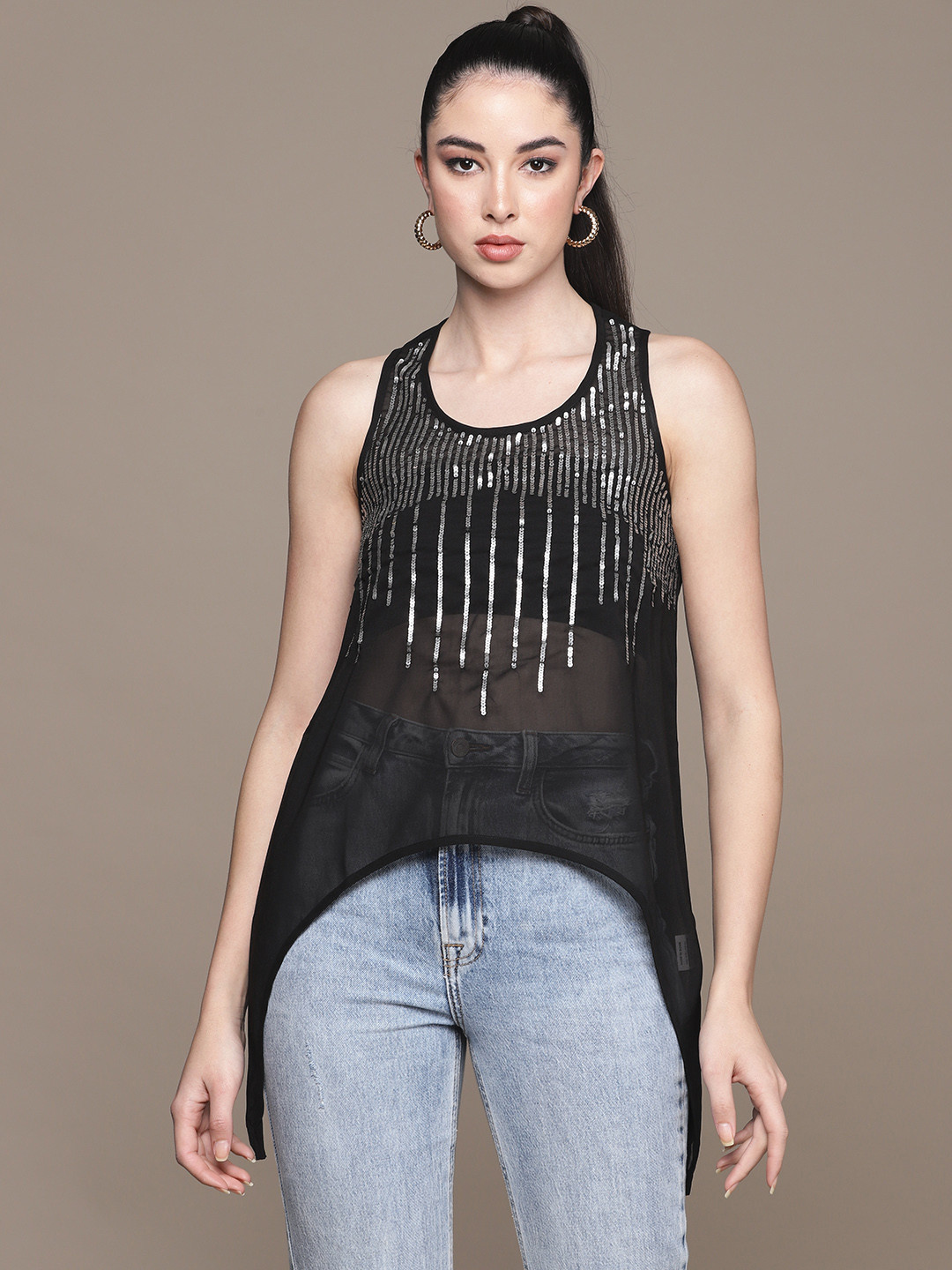 Buy Ishin Black Sequinned Stripes Embellished Sheer Top
