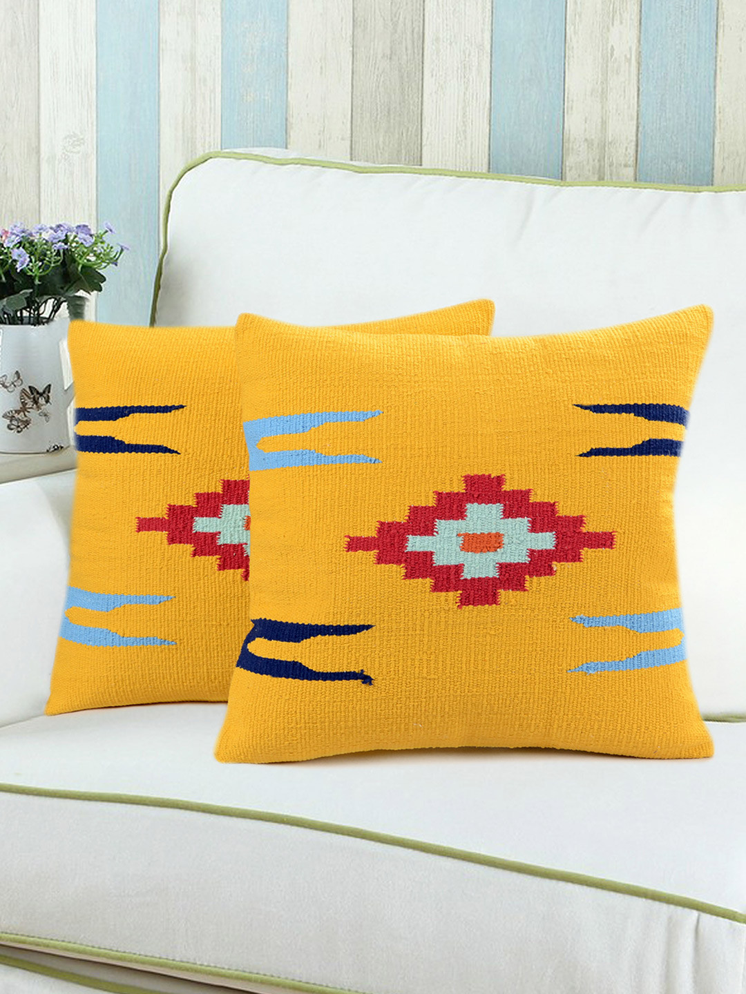 Buy Saral Home Yellow Set Of 2 Patterned 16" X 16" Square Cushion