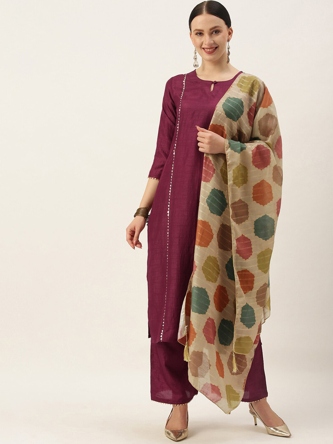 Women Maroon Gotta Patti Kurta with Sharara & With Dupatta