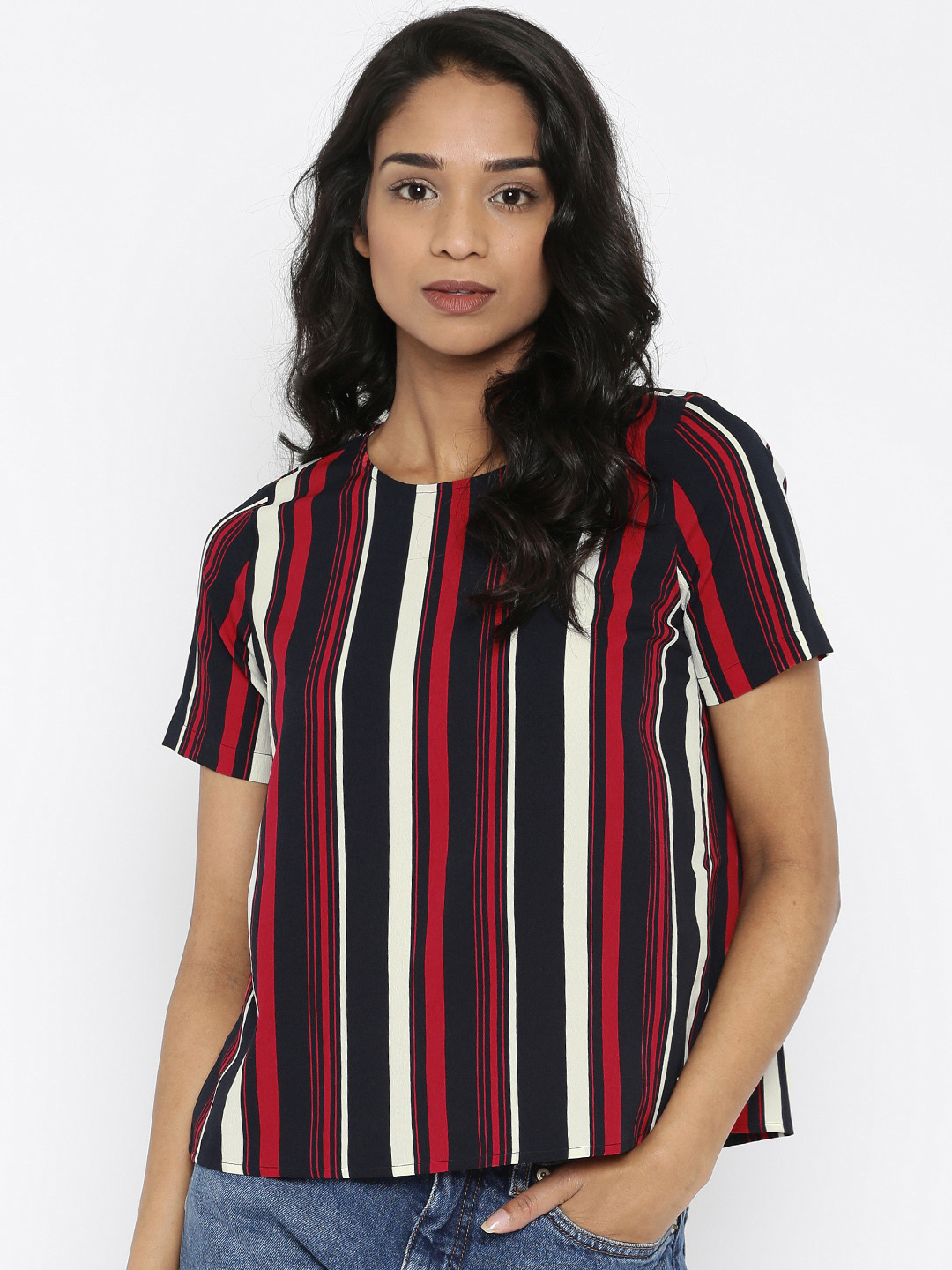 Buy ONLY Women Black & Red Striped Split Back Top Tops for Women