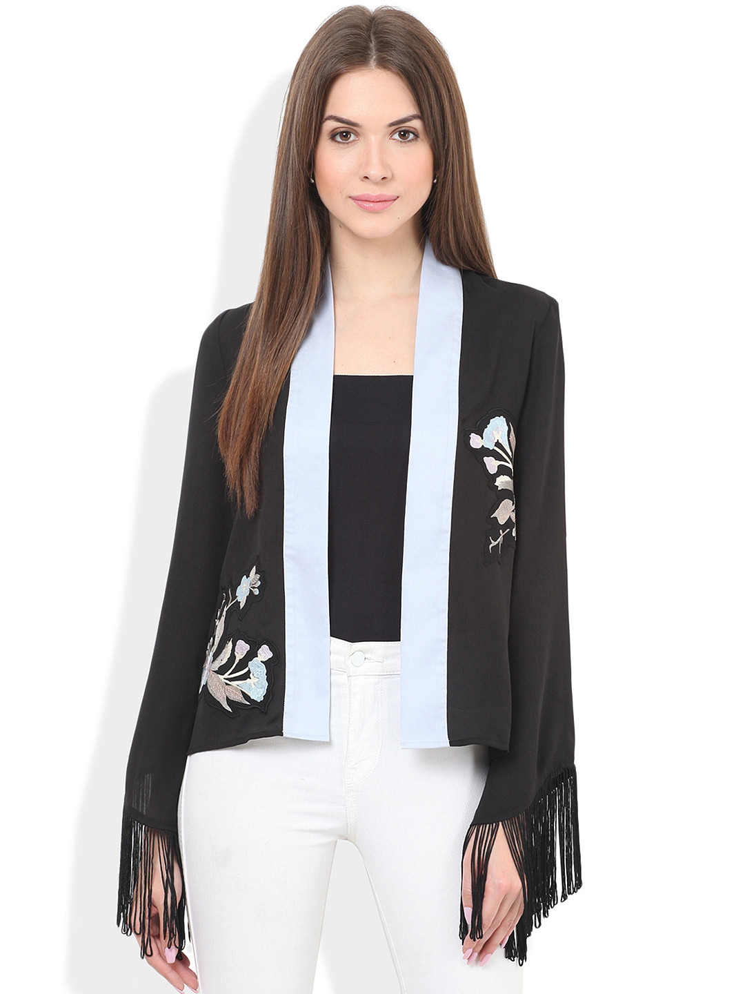 Buy Honey & B Black Embroidered Open Front Jacket Jackets for Women