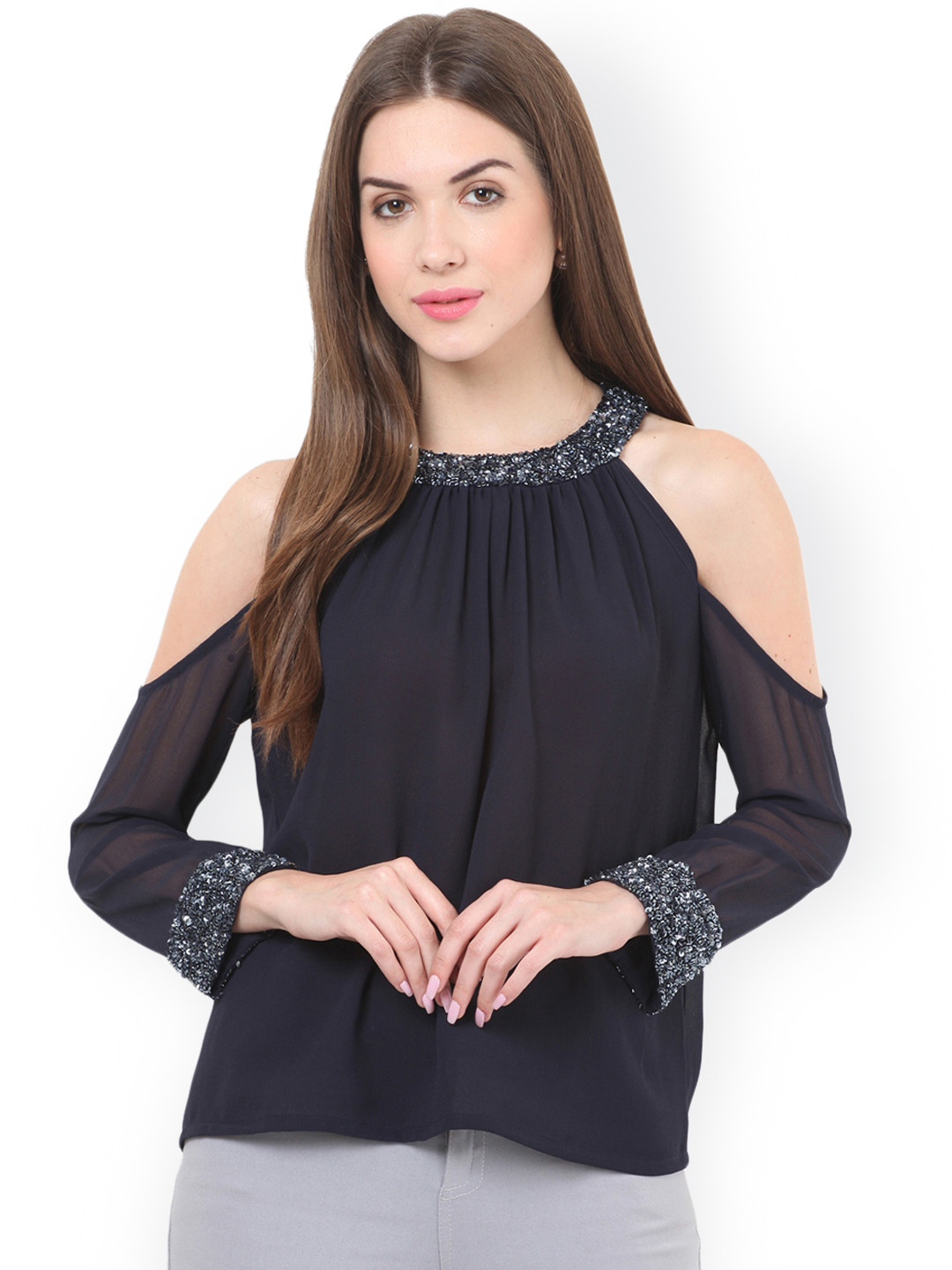 Buy Honey & B Women Navy Embellished Semi Sheer Top Tops for Women
