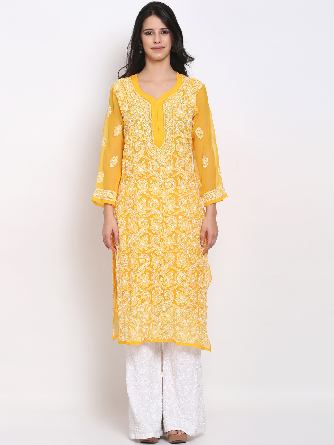 Buy PARAMOUNT CHIKAN Women Mustard Yellow Floral Embroidered Chikankari