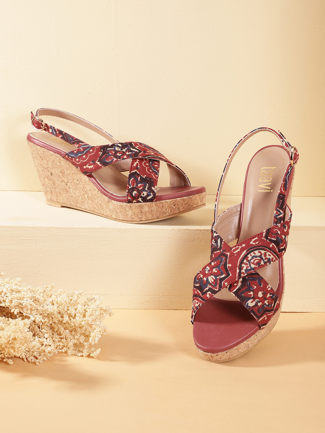 Buy Taavi Maroon & Navy Blue Printed Wedges Heels for Women 17142624