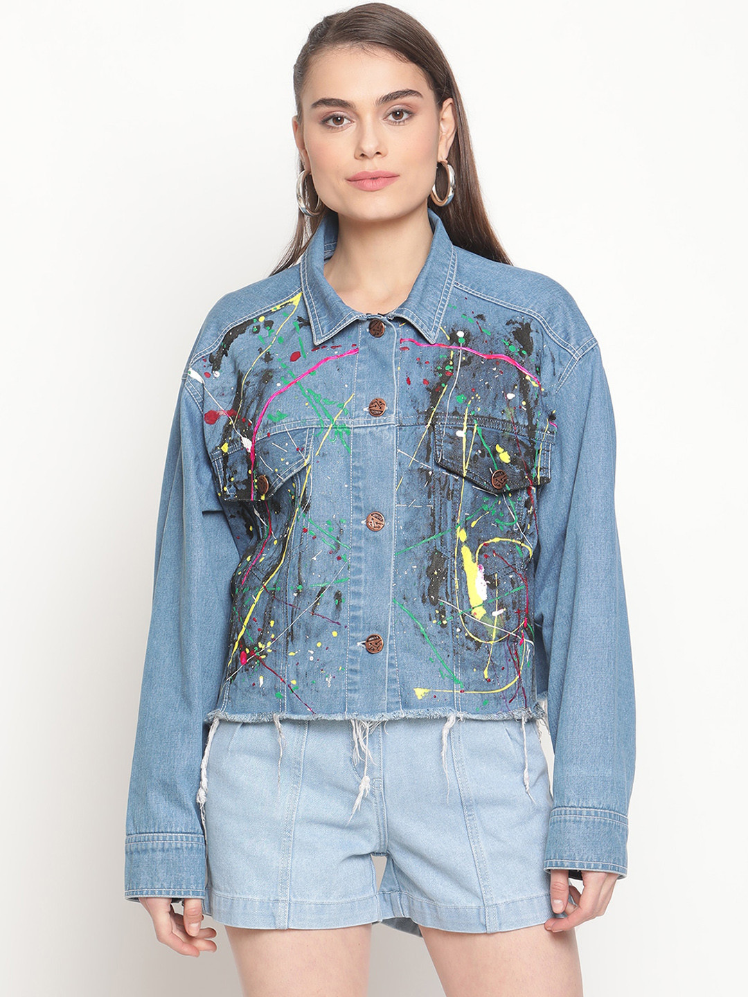 Buy Twenty3 Women Blue Abstract Denim Jacket Jackets for Women