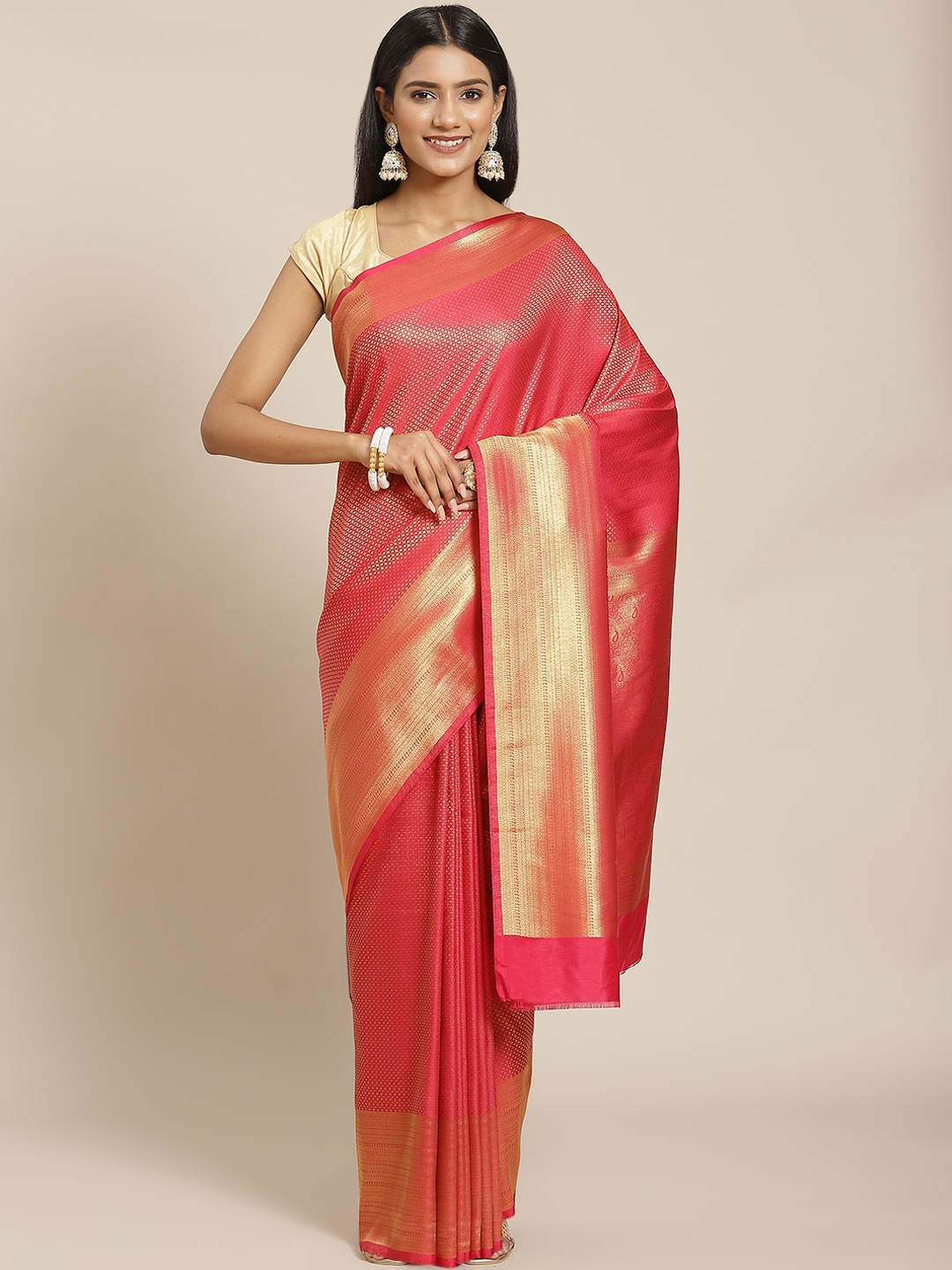 Buy Meena Bazaar Pink And Gold Toned Ethnic Motifs Zari Silk Blend Saree Sarees For Women