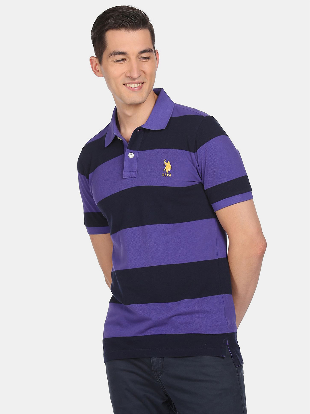 Men's Purple Striped Polo Collar Cotton T-Shirt
