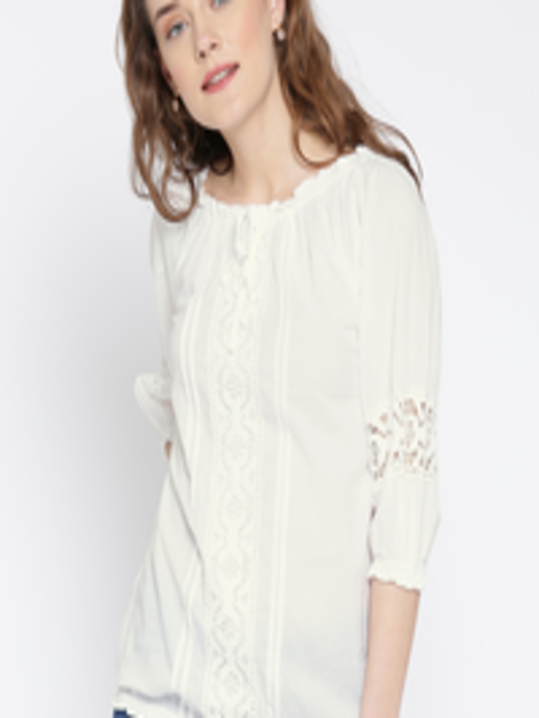 Buy U&F Women White Lightweight Crochet Detail Pure Cotton Top - Tops ...
