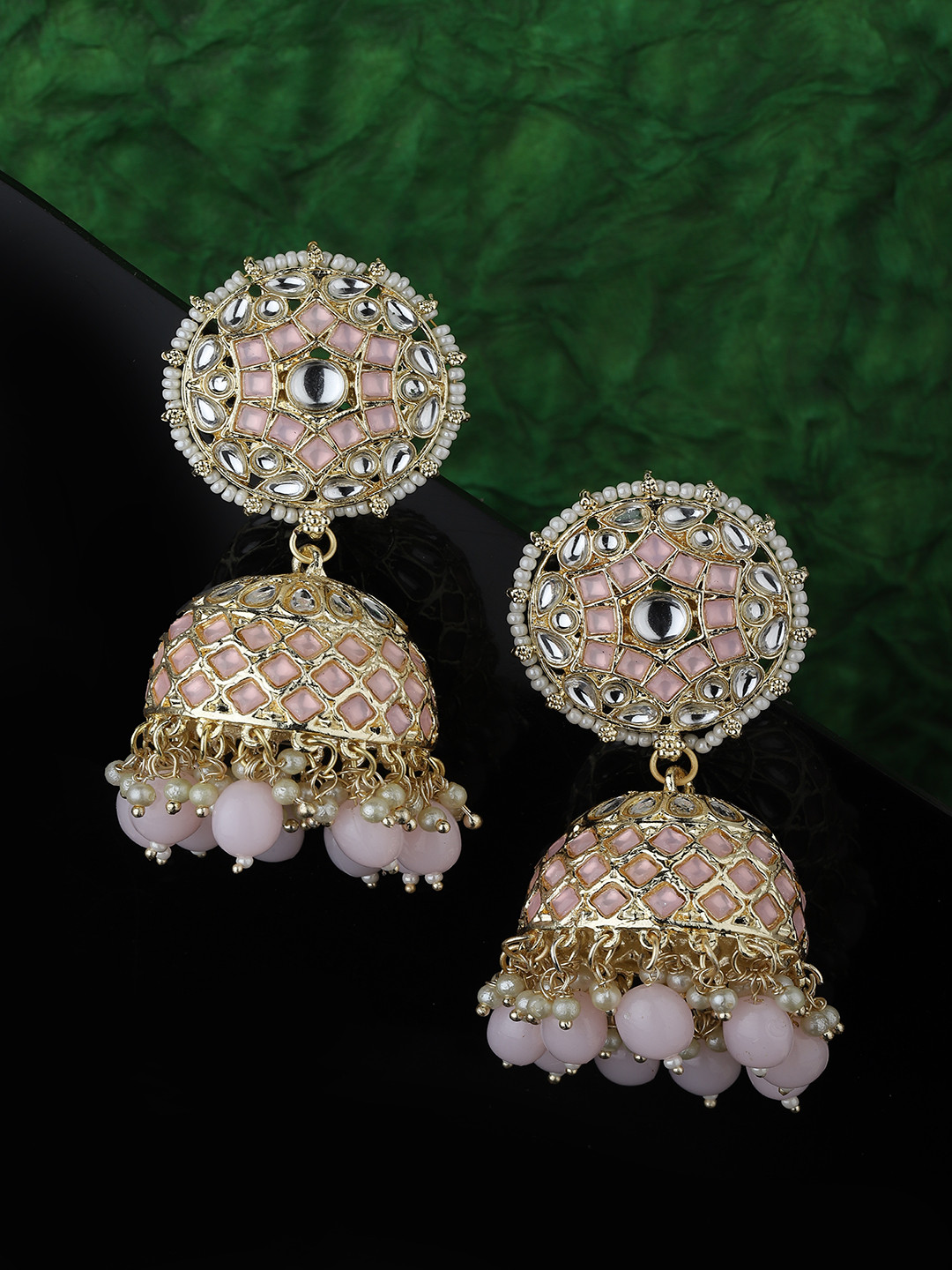 Buy KOLHA BY CARLTON Gold Plated & Pink Dome Shaped Jhumkas Earrings ...