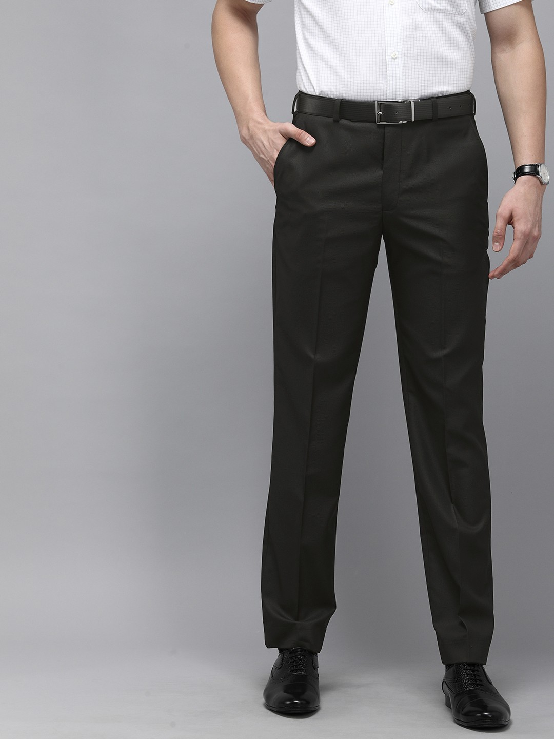 Buy Park Avenue Men Black Textured Smart Fit Low Rise Formal Trousers ...