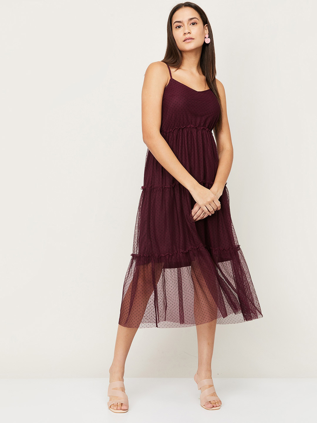 Buy Ginger By Lifestyle Burgundy Printed Empire Tiered Midi Dress