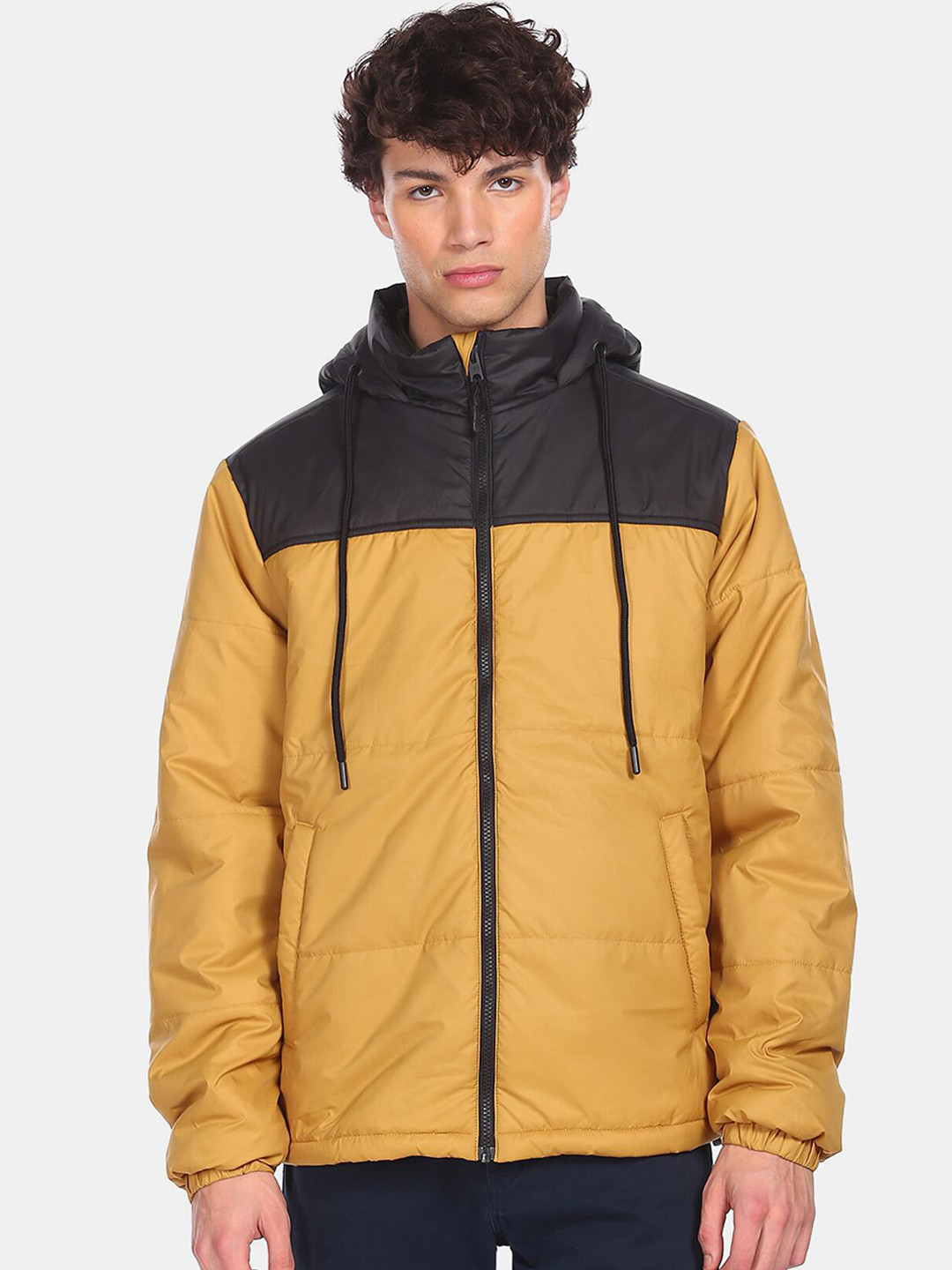 Buy Aeropostale Men Yellow & Black Colourblocked Hooded Padded Jacket Jackets for Men 17165236