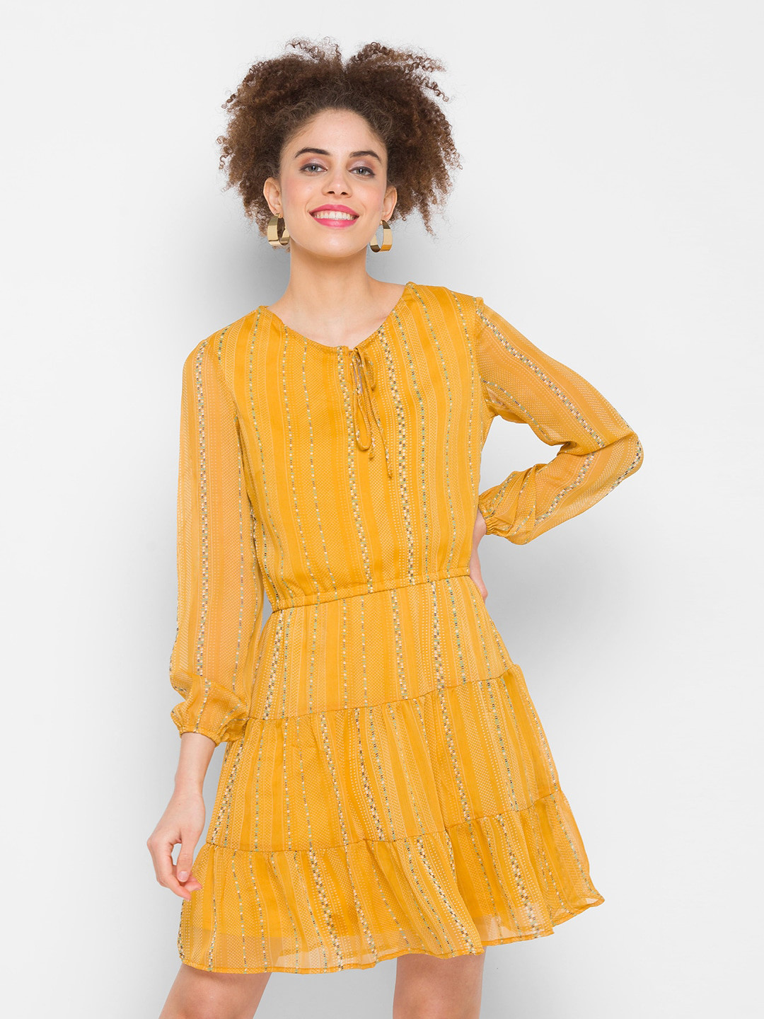 Buy Globus Mustard Yellow & White Tie Up Neck Chiffon Dress Dresses