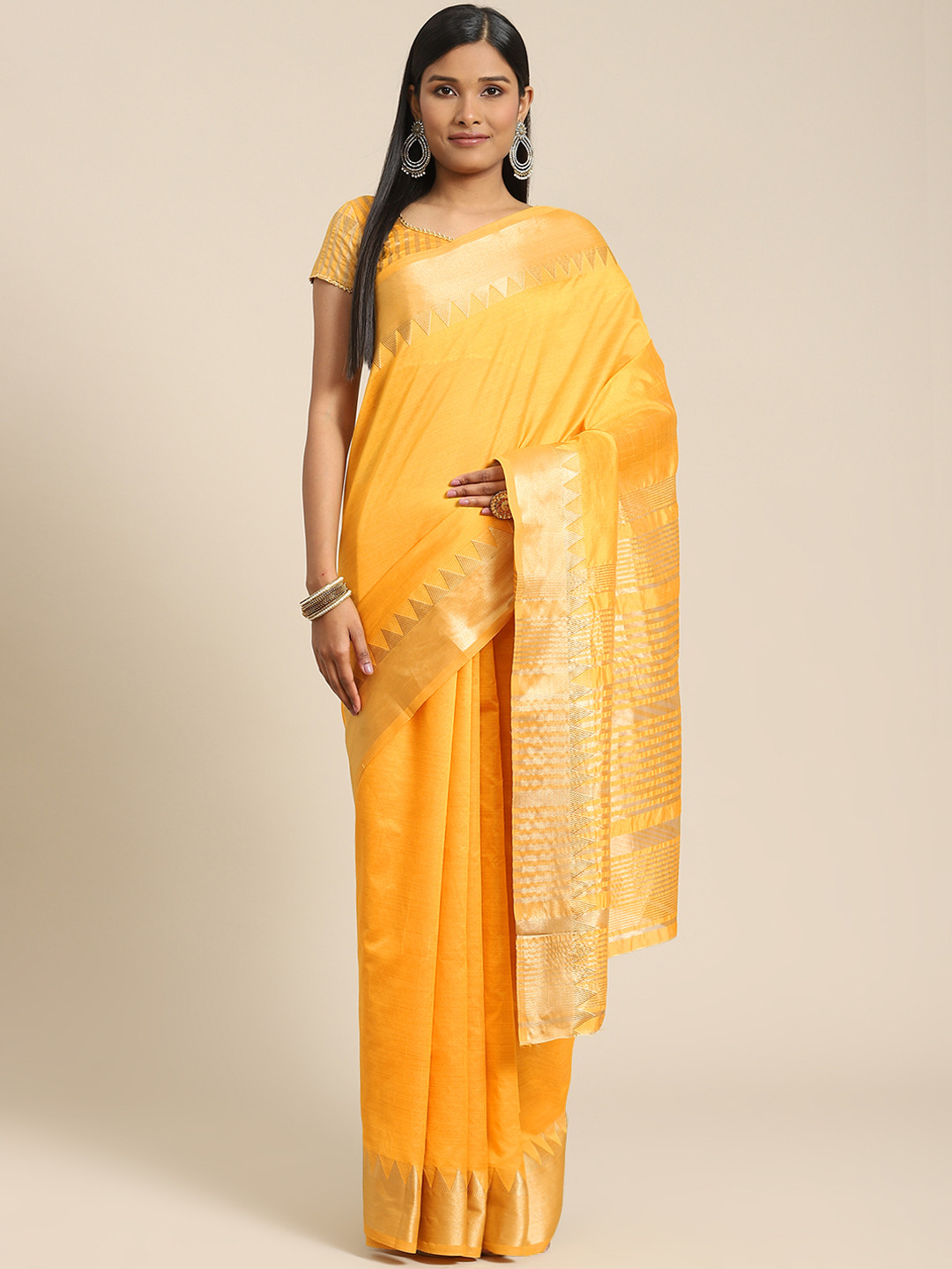 Buy Indi INSIDE Yellow Zari Silk Blend Saree Sarees for Women