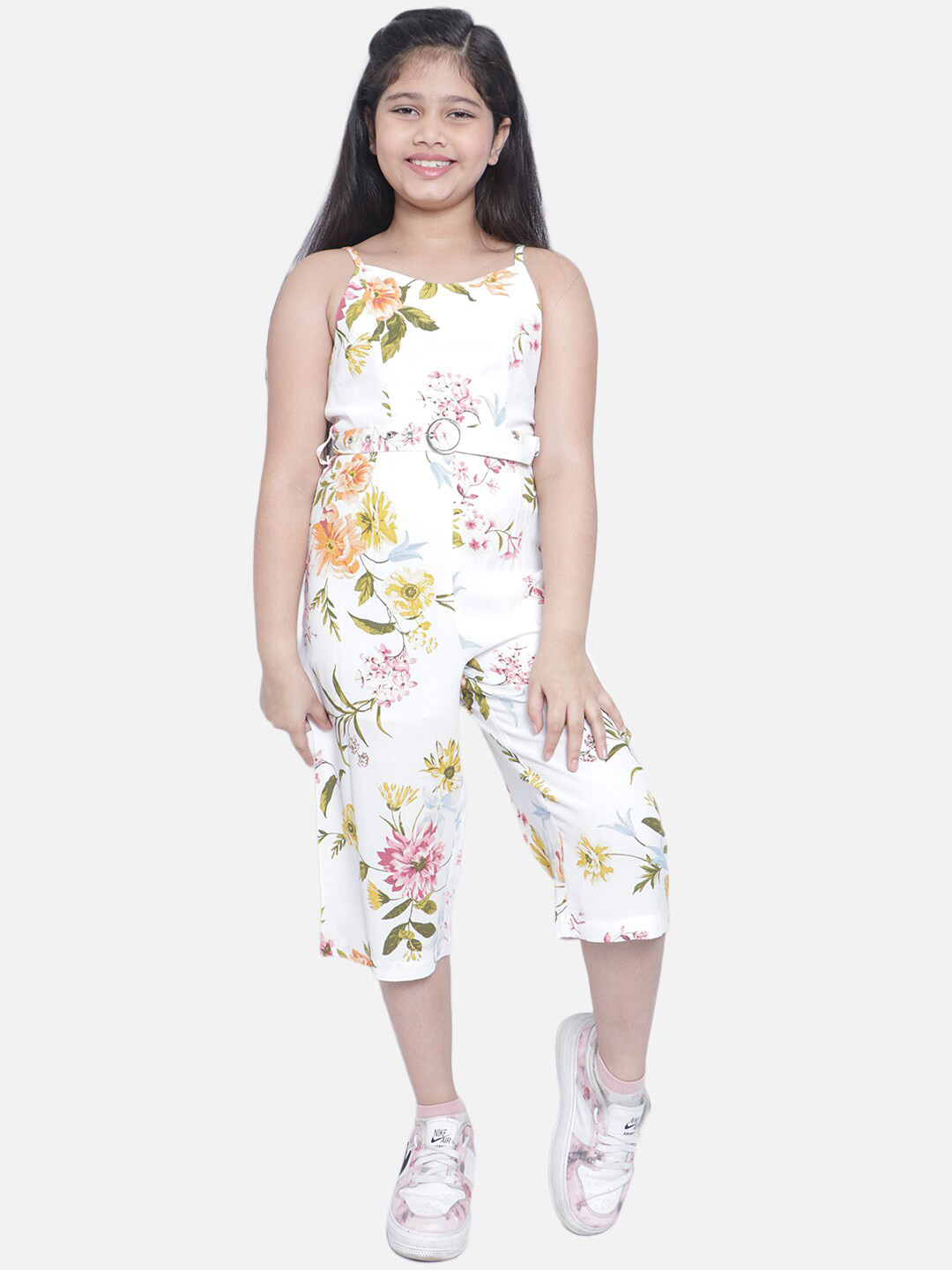 Buy Natilene Girls White & Green Floral Printed Capri Jumpsuit