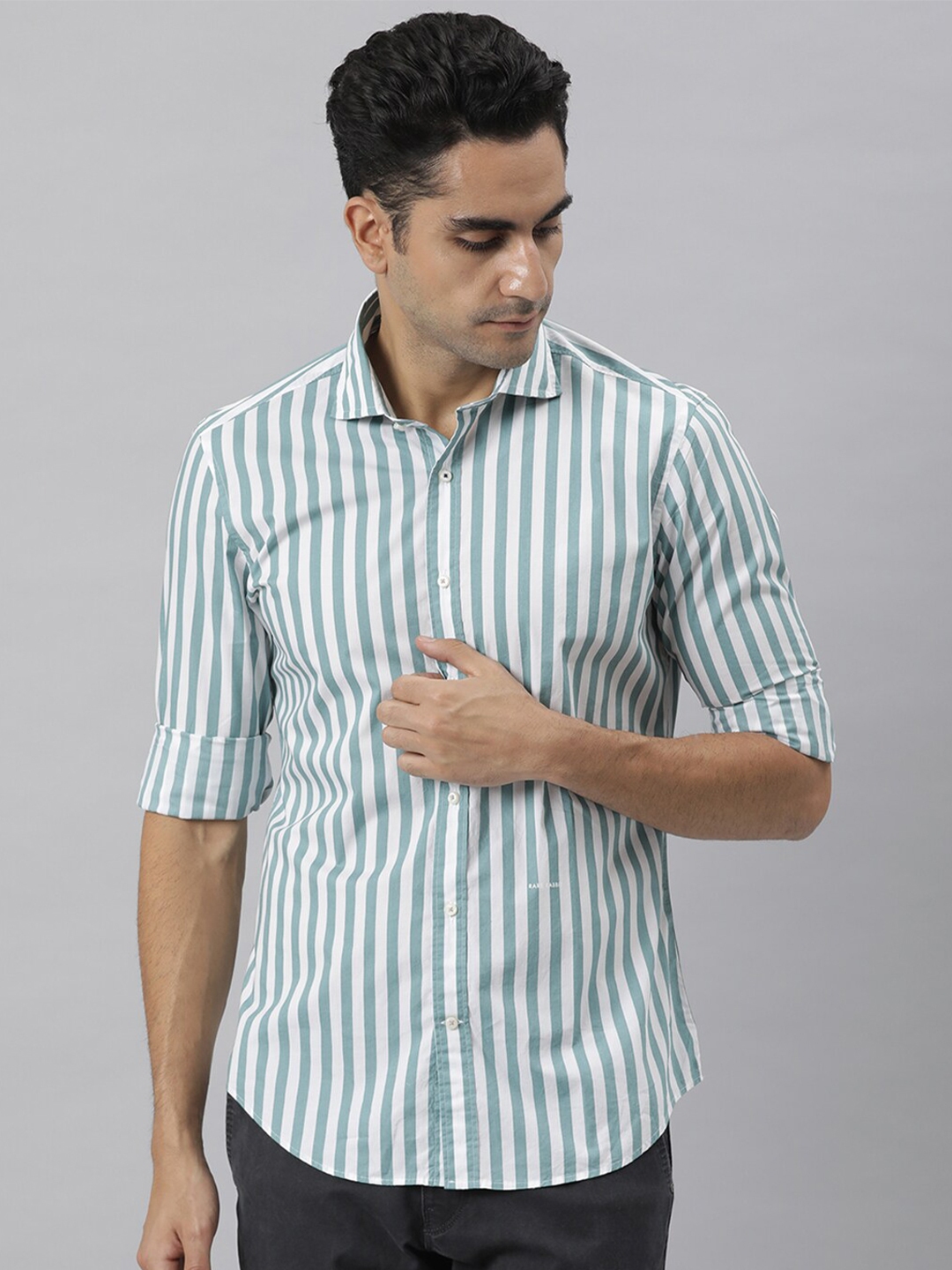 Buy RARE RABBIT Men Green & White Custom Striped Casual Cotton Shirt ...