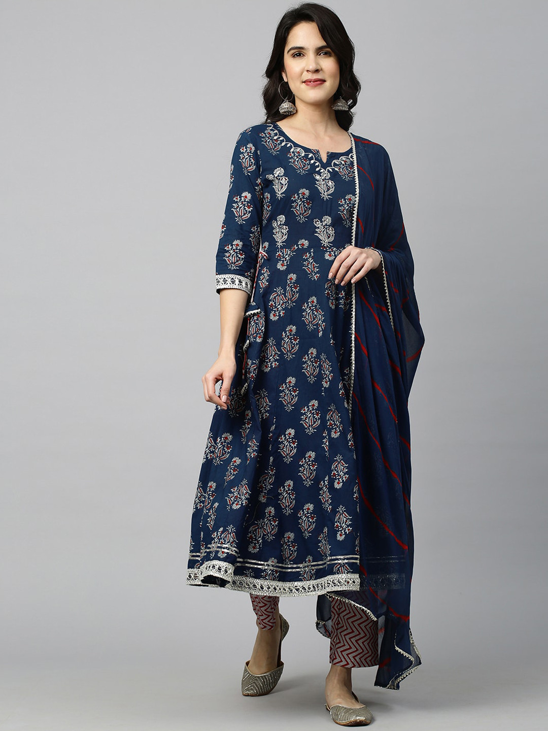 Buy FASHOR Women Navy Blue & White Print Mirror Work Pure Cotton Kurta