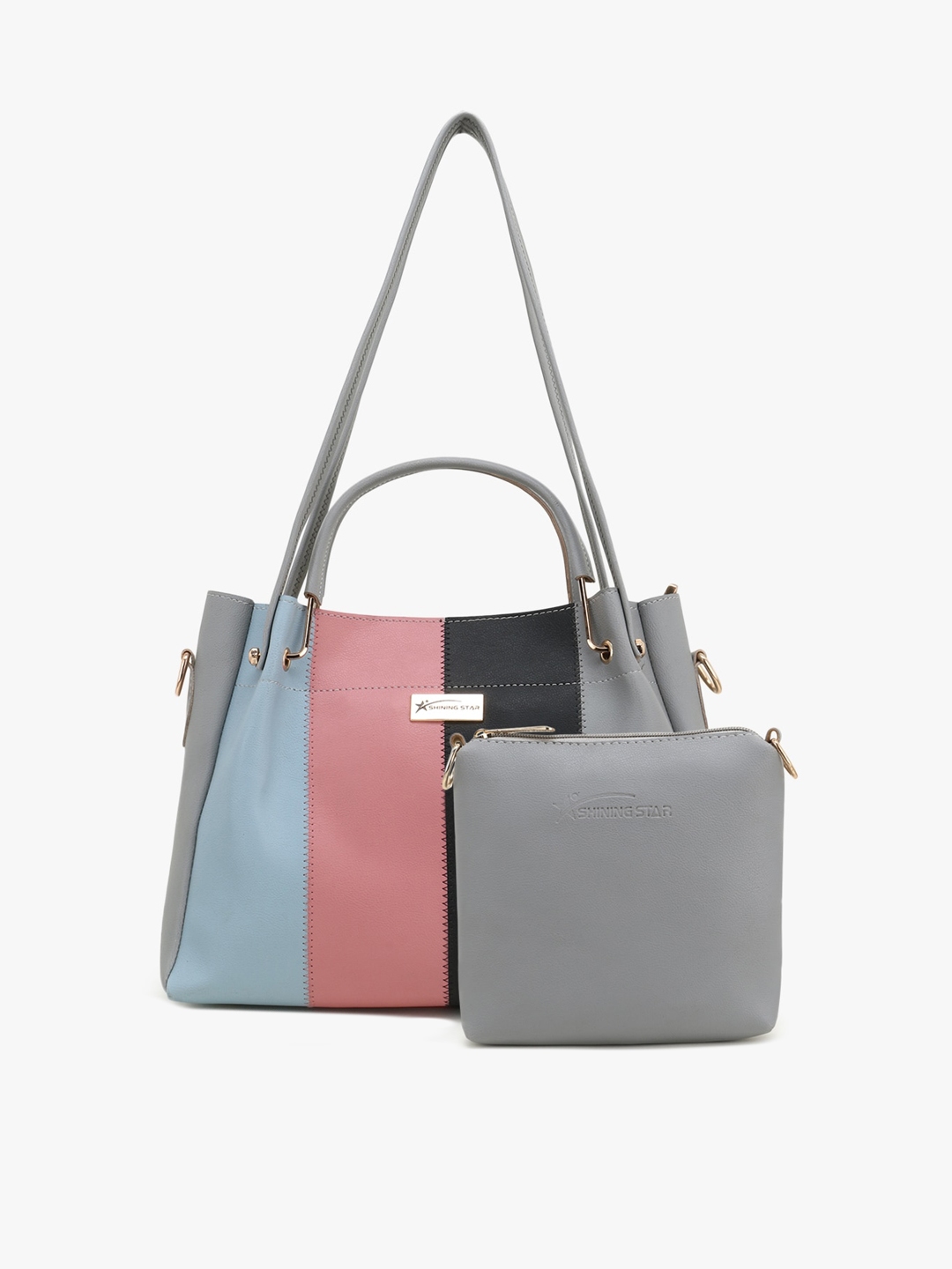 Buy SHINING STAR Grey Colourblocked PU Shopper Handheld Bag - Handbags ...