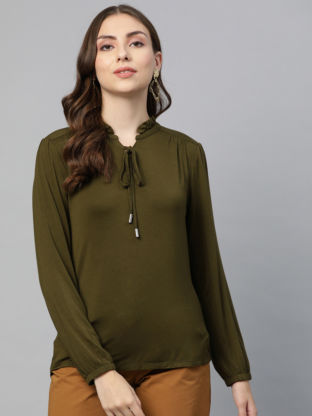 Buy Marks & Spencer Olive Green Tie Up Neck Long Puff Sleeve Top Tops