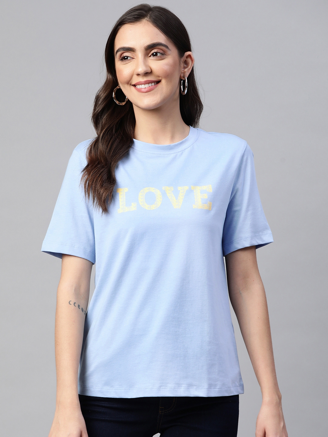 Buy Marks & Spencer Women Blue & Yellow Typography Printed Pure Cotton ...