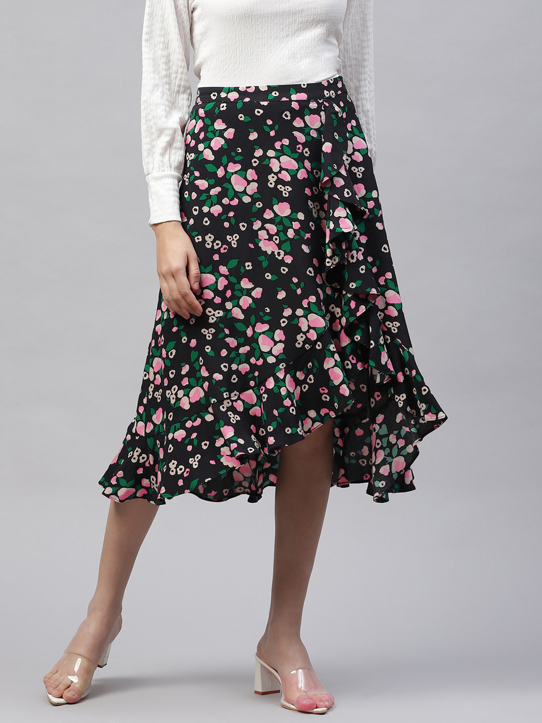 Buy Marks & Spencer Women Black & Pink Floral Printed Tulip Skirt