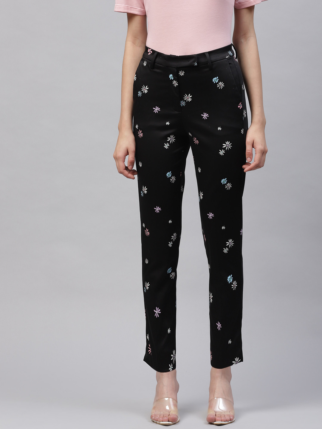 Buy Marks & Spencer Women Black & White Floral Print Slim Fit Trousers