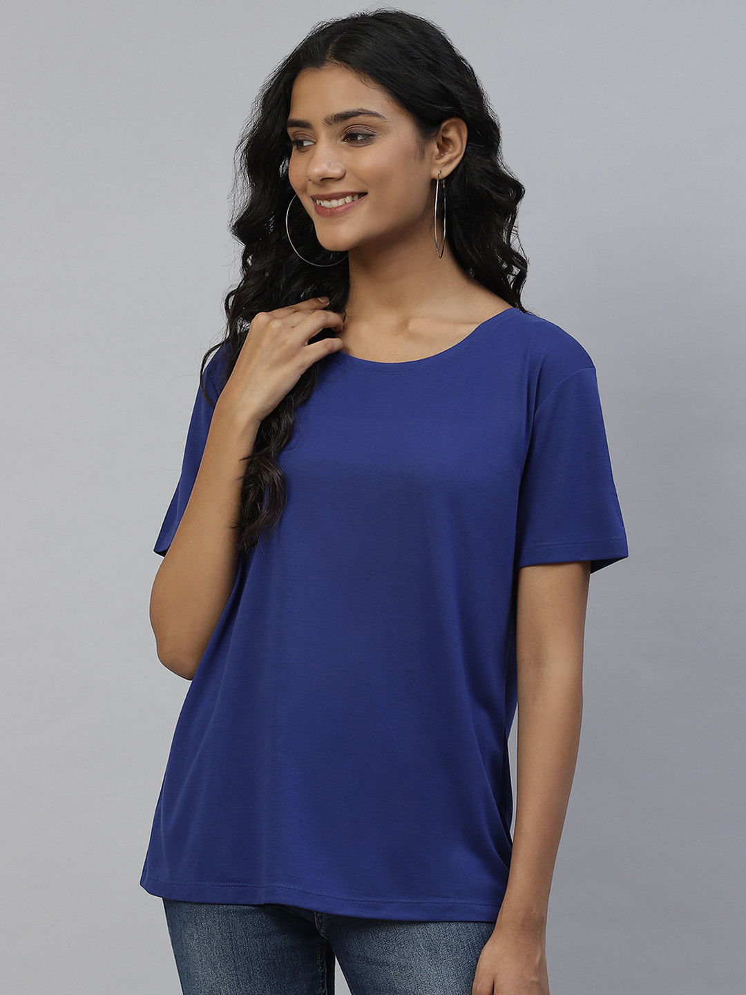 Buy Marks & Spencer Women Navy Blue Solid Drop Shoulder Sleeves T Shirt