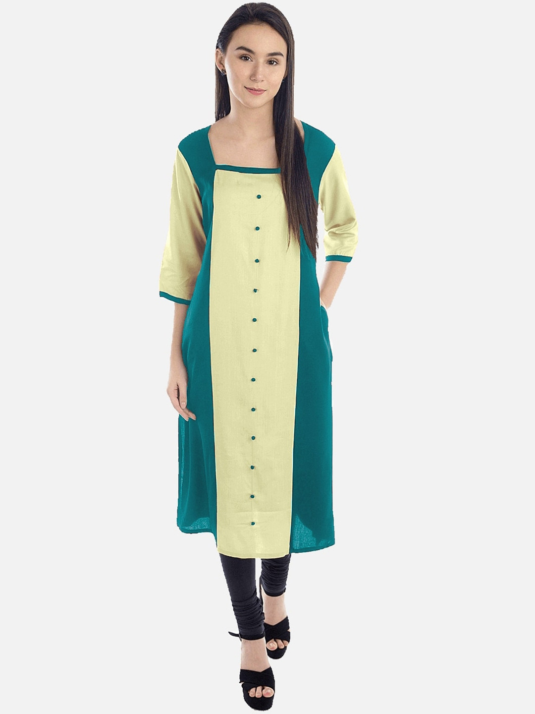 Buy KALINI Women Sea Green & Cream Coloured Colourblocked Kurta