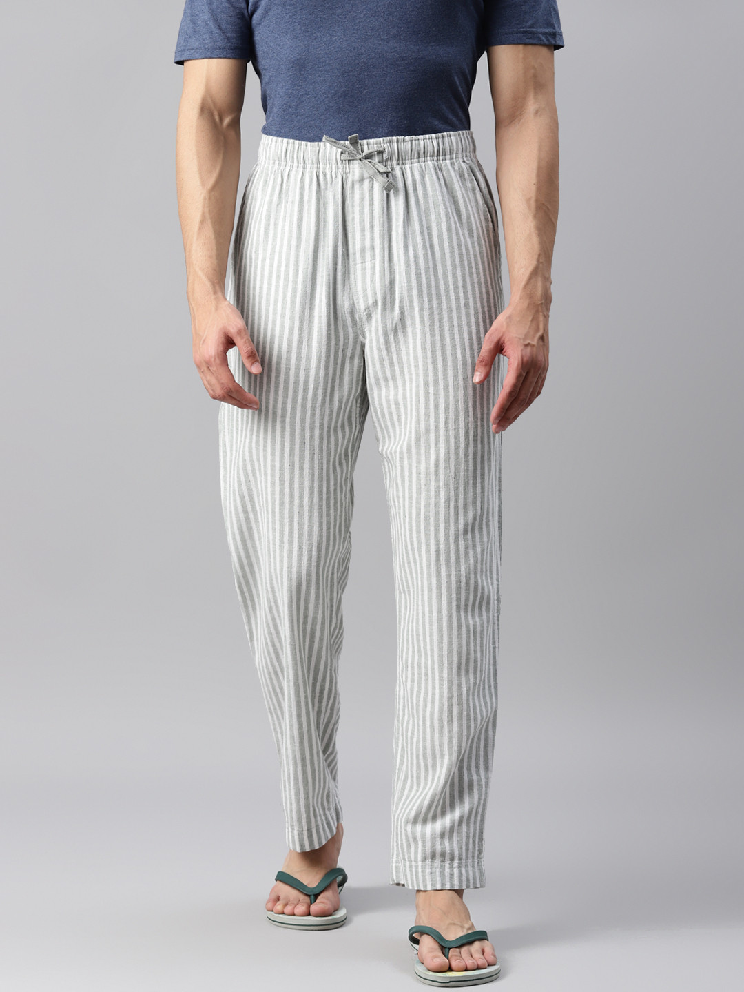 Buy Marks & Spencer Men Mint Green & White Striped Cotton Linen Lounge