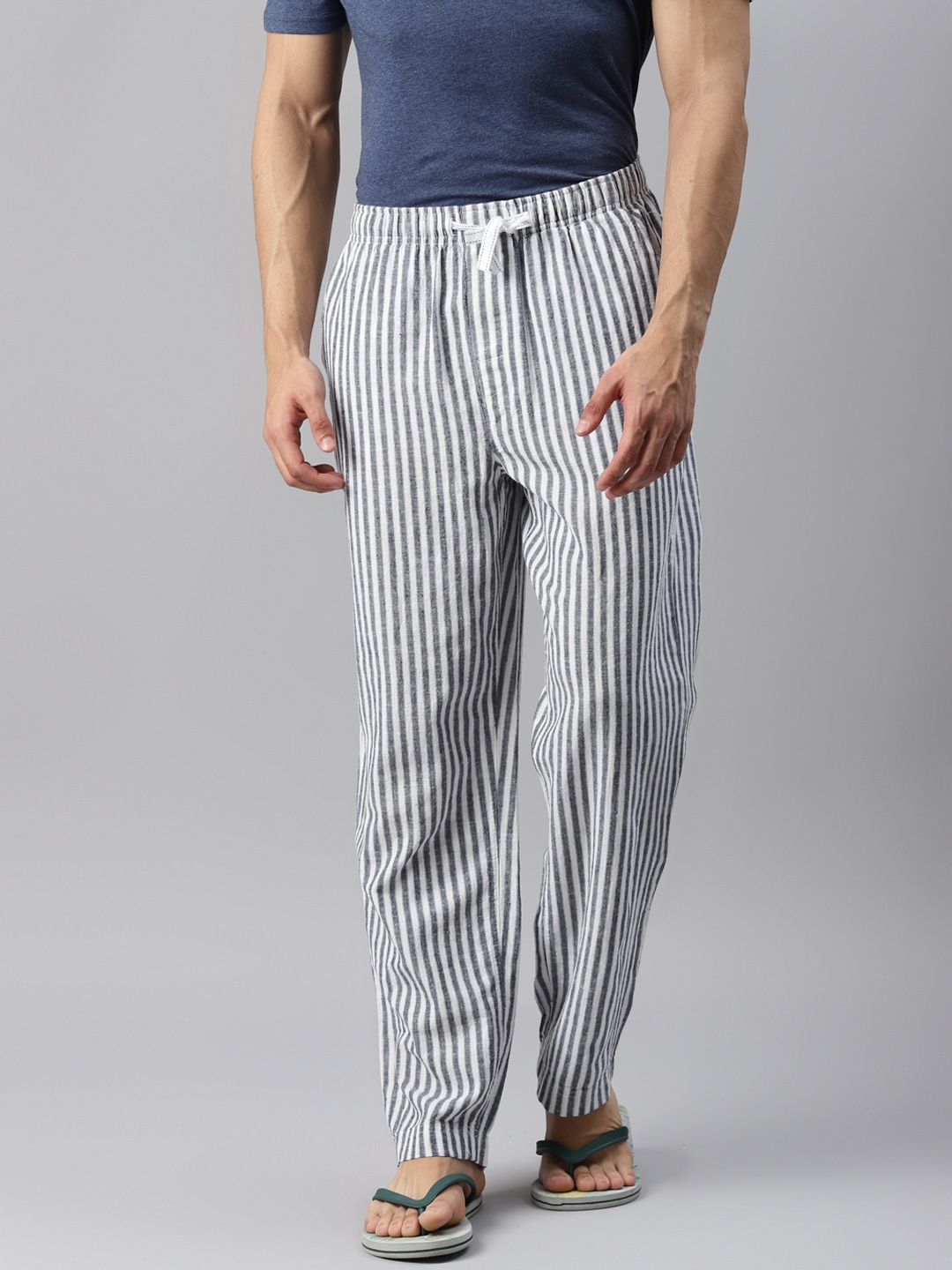 Buy Marks & Spencer Men Navy Blue & White Striped Cotton Linen Lounge