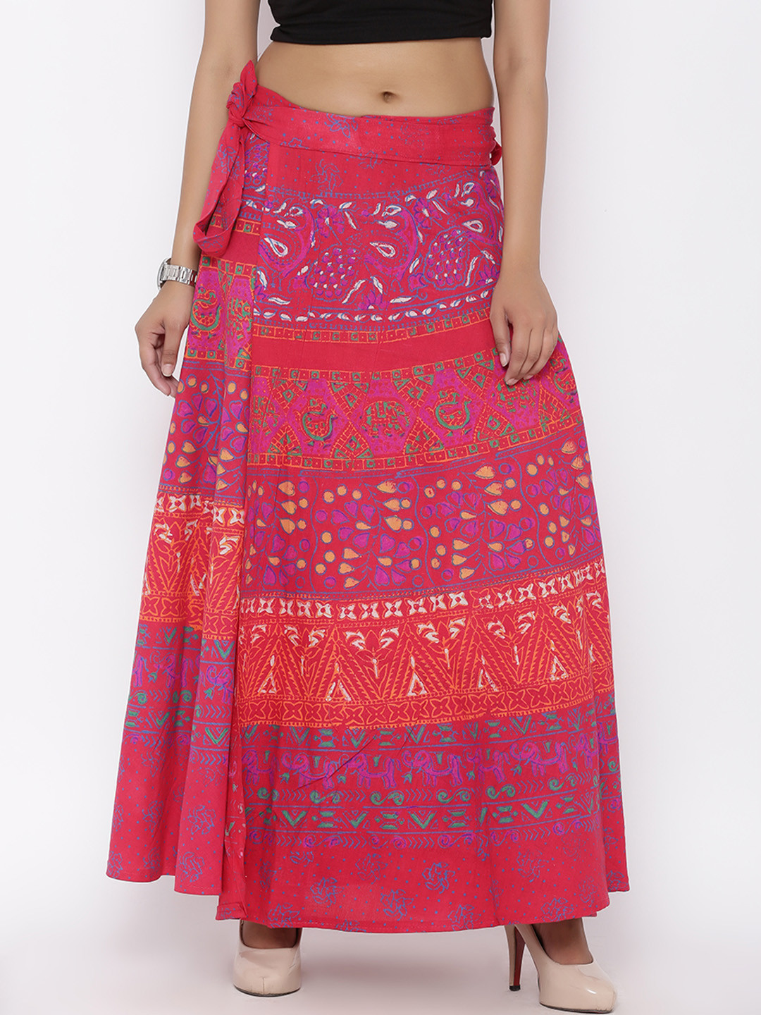 Buy SOUNDARYA Red & Pink Printed Wrap Around Maxi Skirt Skirts for