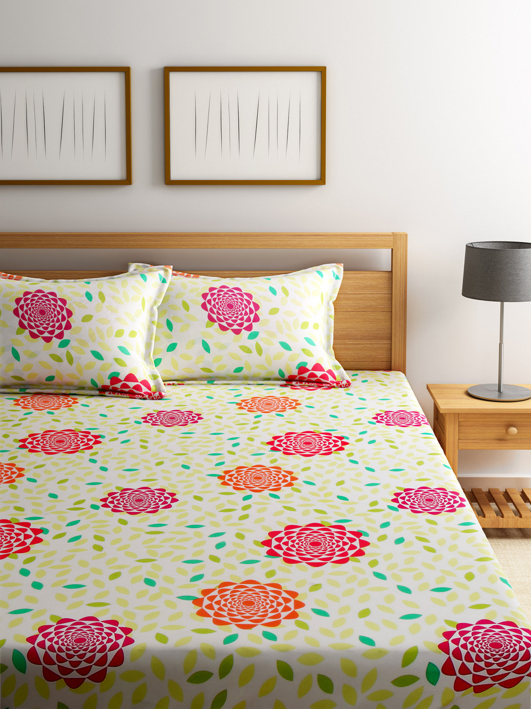 Buy BOMBAY DYEING Yellow Printed Double 124 TC Bedsheet With 2 Pillow Covers Bedsheets for