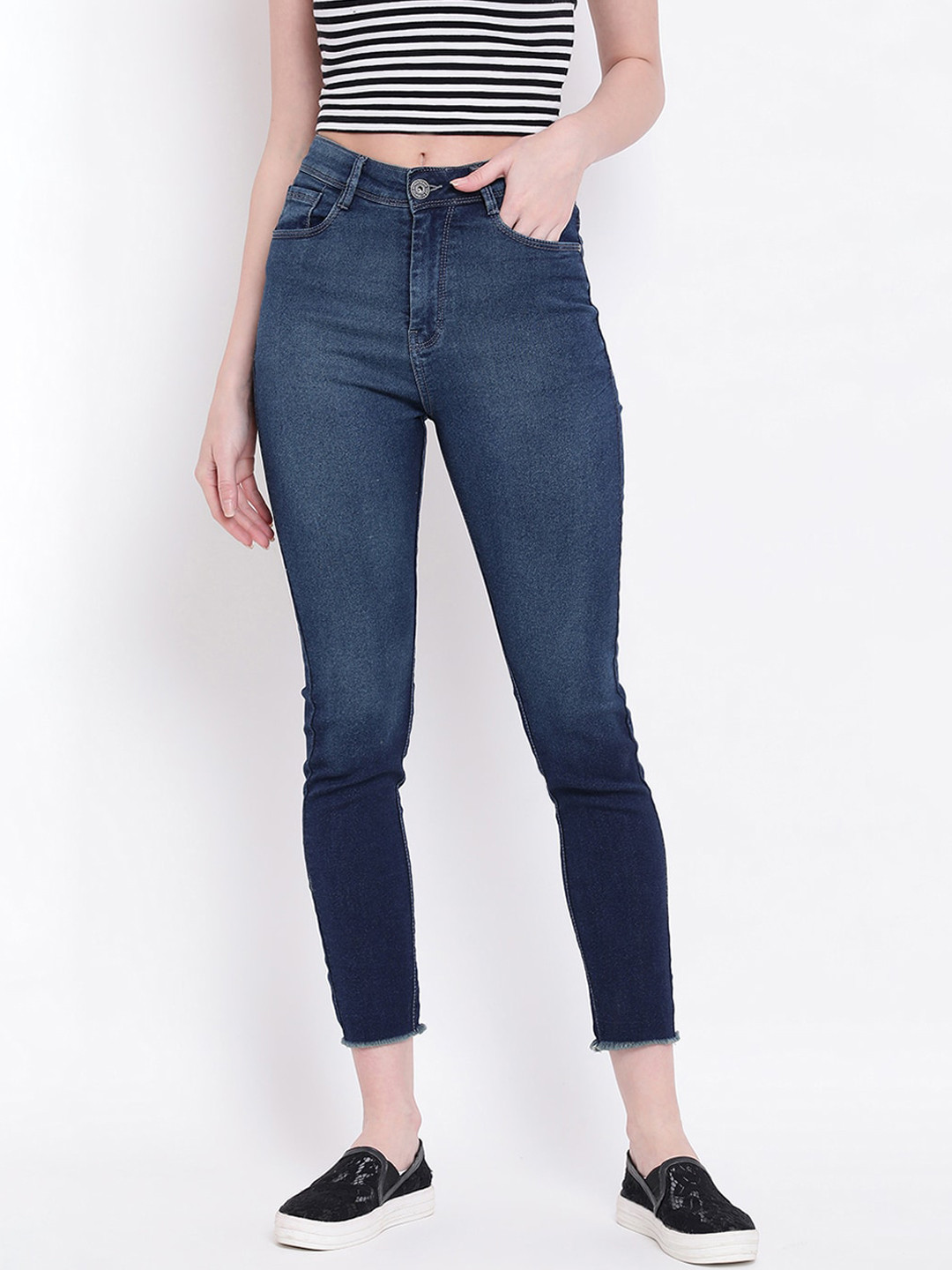 Women's Blue Jean Skinny Fit High-Rise Low Distress Light Fade Stretchable Jeans