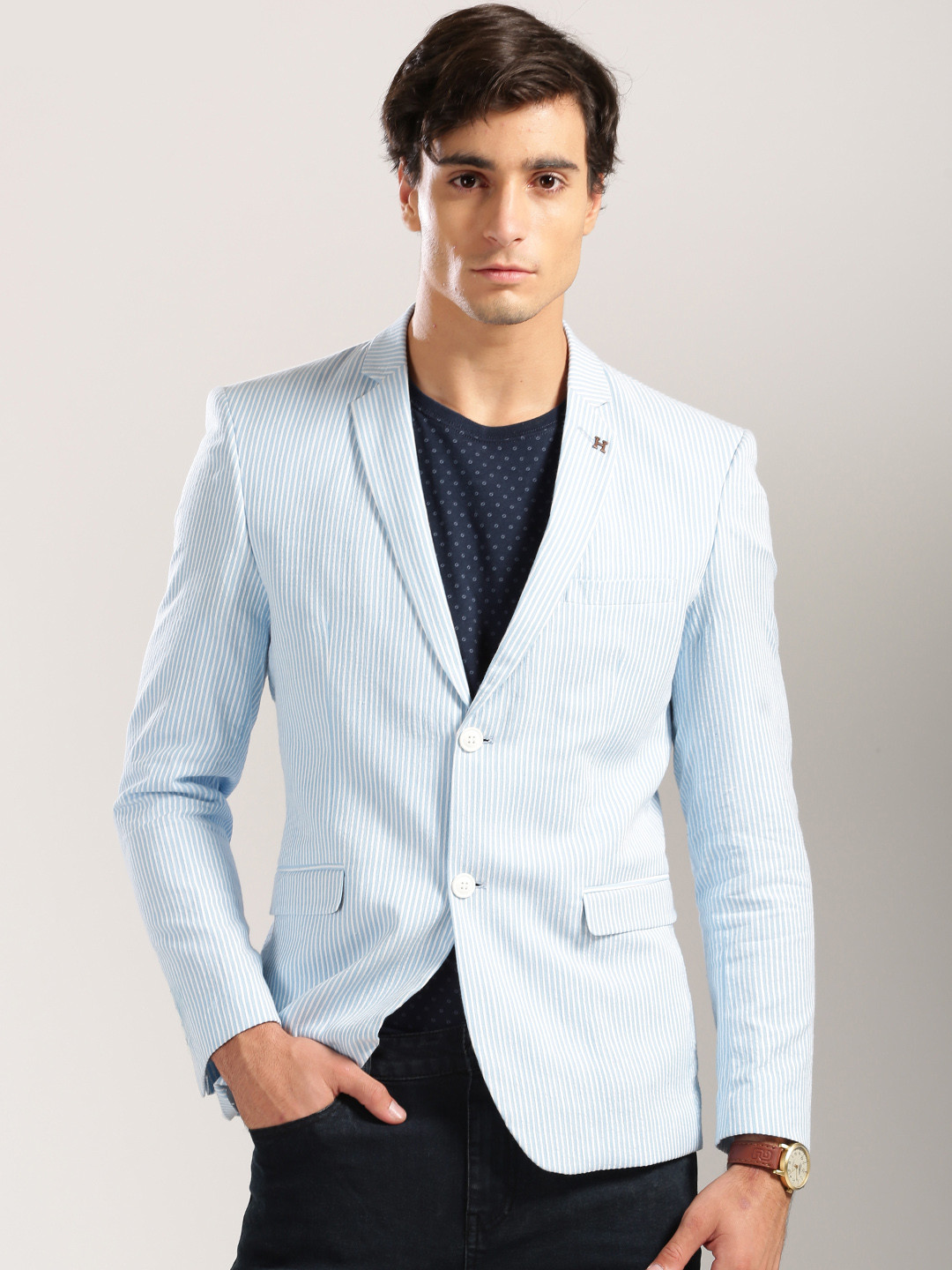 Men's Blue Printed Slim-Fit Cotton Single Breasted Blazer