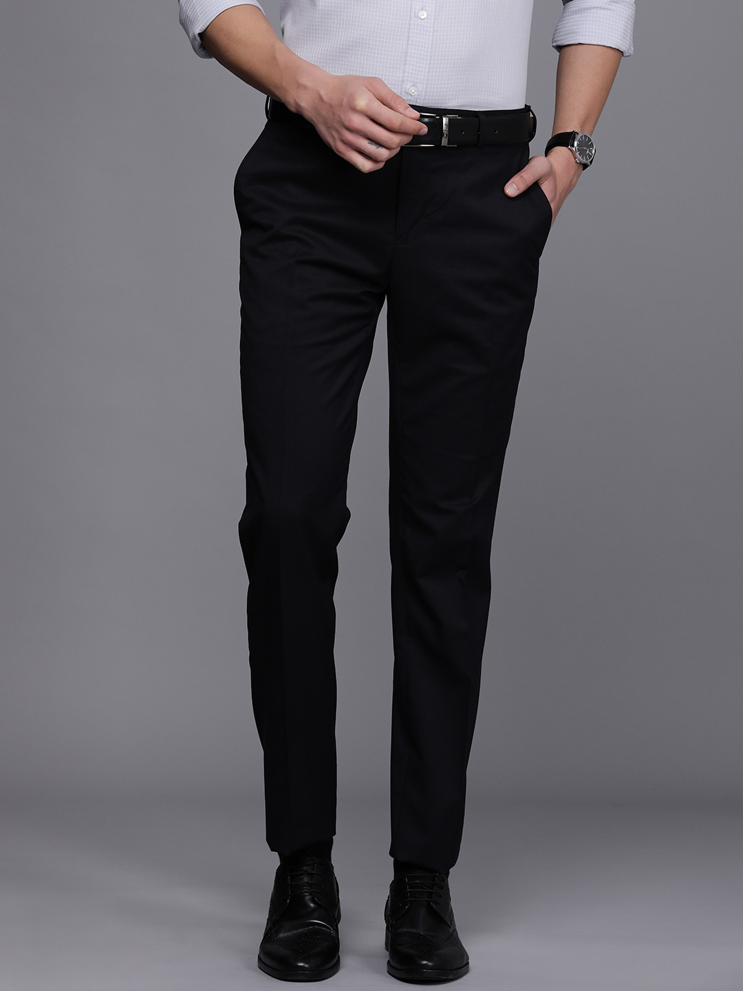 Buy Raymond Men Navy Blue Solid Slim Fit Formal Trousers - Trousers for ...