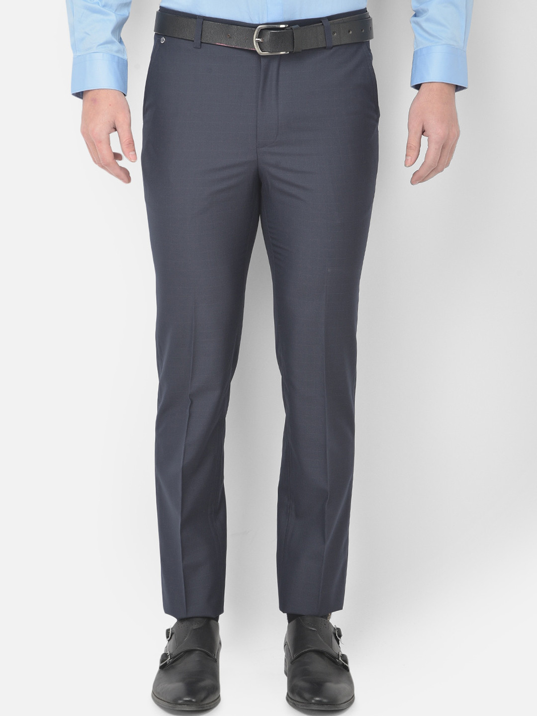 Buy Canary London Men Navy Blue Smart Slim Fit Wrinkle Free Trousers ...
