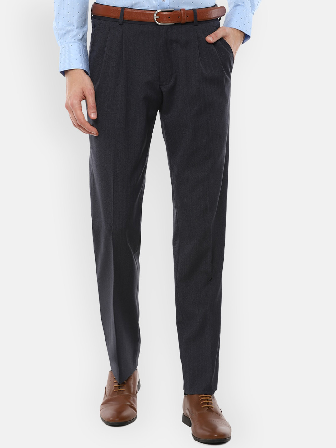 Buy Louis Philippe Gods & Kings Men Navy Blue Pleated Trousers